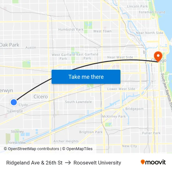 Ridgeland Ave & 26th St to Roosevelt University map