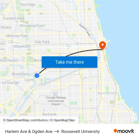 Harlem Ave & Ogden Ave to Roosevelt University map