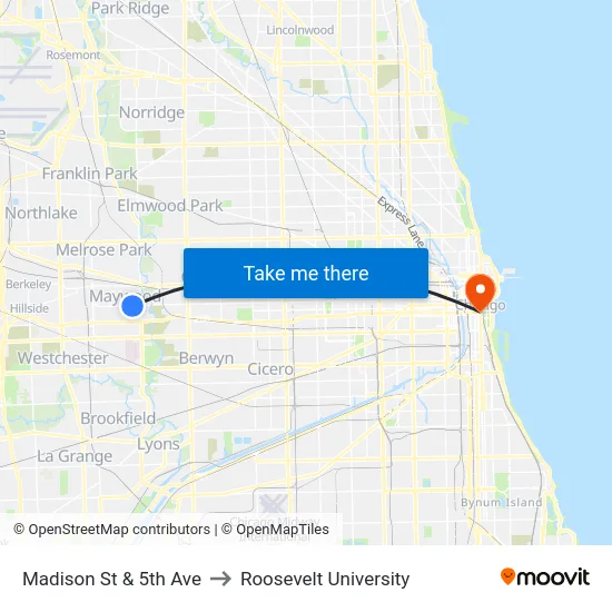 Madison St & 5th Ave to Roosevelt University map