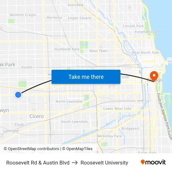 Roosevelt Rd & Austin Blvd to Roosevelt University map