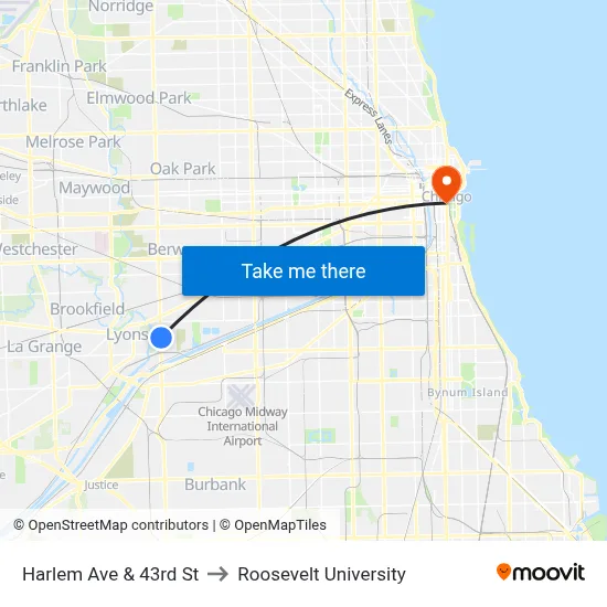 Harlem Ave & 43rd St to Roosevelt University map
