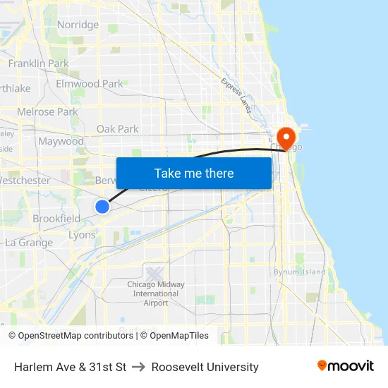 Harlem Ave & 31st St to Roosevelt University map