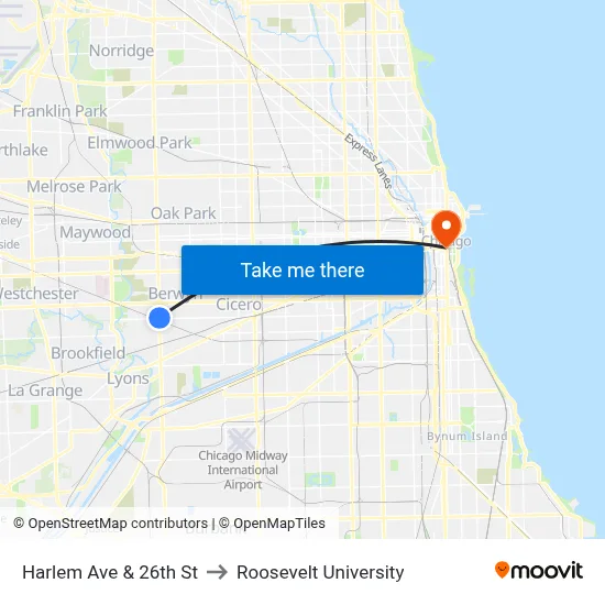 Harlem Ave & 26th St to Roosevelt University map