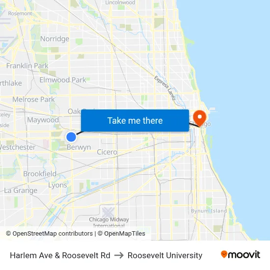 Harlem Ave & Roosevelt Rd to Roosevelt University map