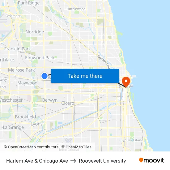 Harlem Ave & Chicago Ave to Roosevelt University map
