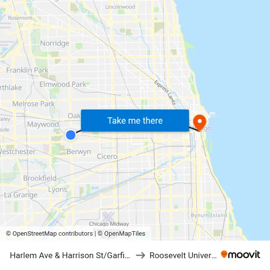 Harlem Ave & Harrison St/Garfield St to Roosevelt University map