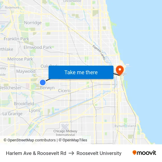 Harlem Ave & Roosevelt Rd to Roosevelt University map
