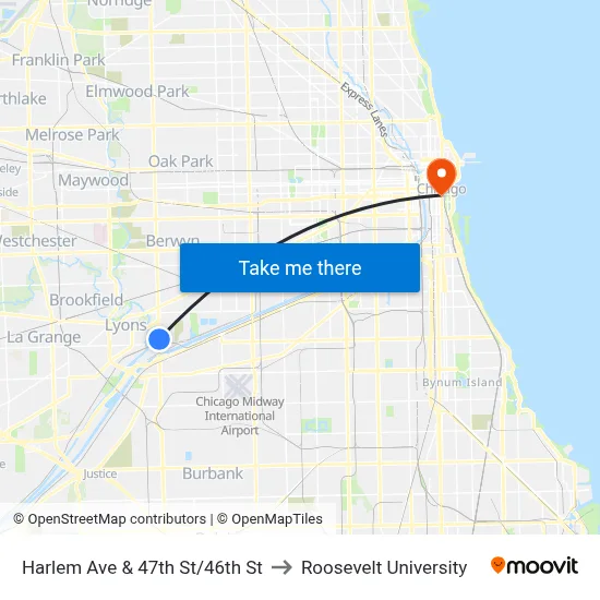 Harlem Ave & 47th St/46th St to Roosevelt University map