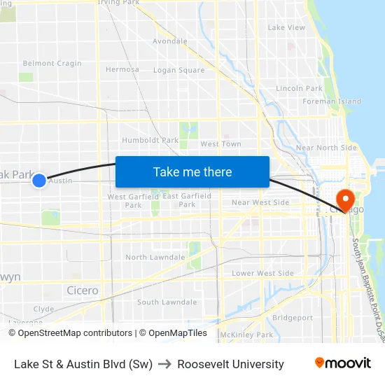 Lake St & Austin Blvd (Sw) to Roosevelt University map