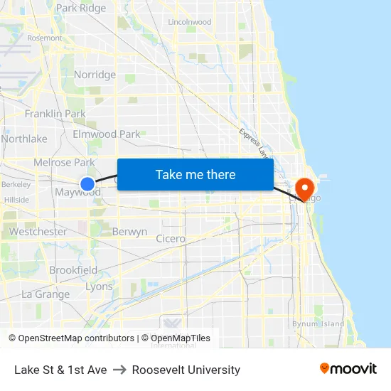 Lake St & 1st Ave to Roosevelt University map