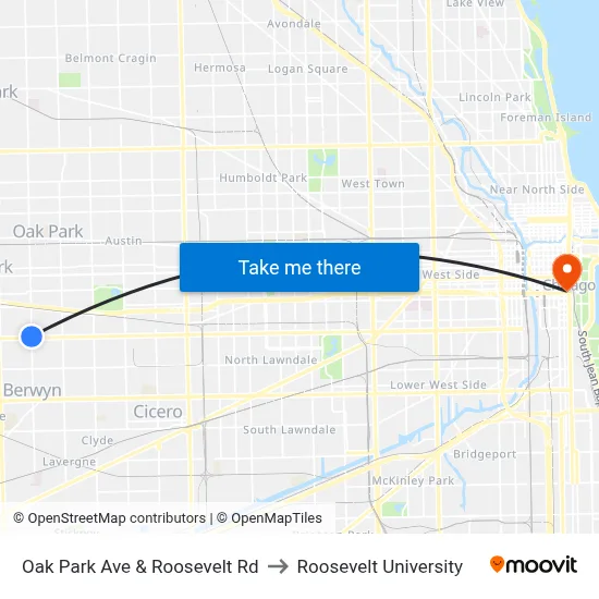Oak Park Ave & Roosevelt Rd to Roosevelt University map