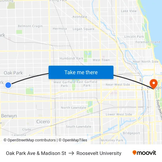 Oak Park Ave & Madison St to Roosevelt University map