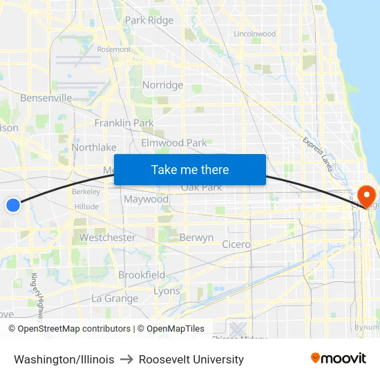 Washington/Illinois to Roosevelt University map