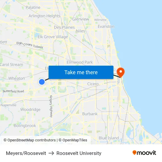 Meyers/Roosevelt to Roosevelt University map