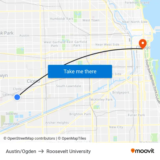 Austin/Ogden to Roosevelt University map