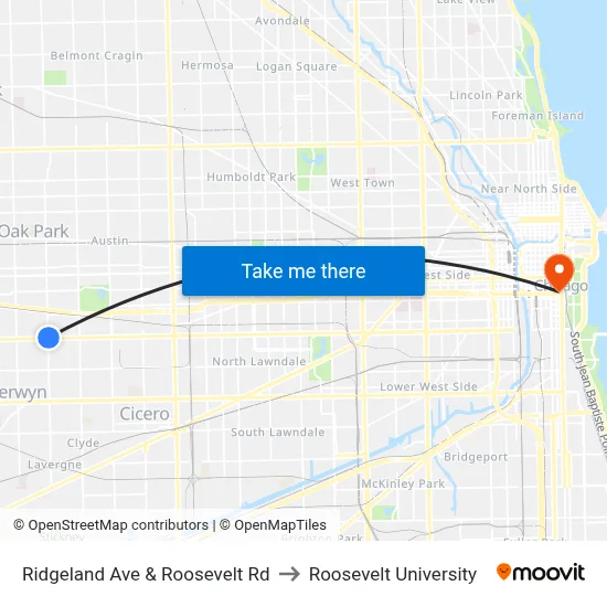 Ridgeland Ave & Roosevelt Rd to Roosevelt University map