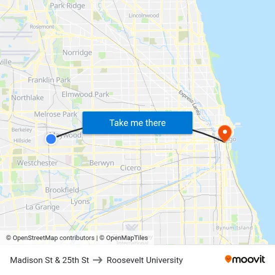 Madison St & 25th St to Roosevelt University map