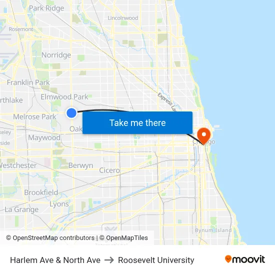 Harlem Ave & North Ave to Roosevelt University map