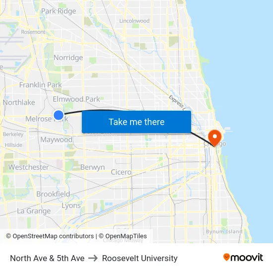 North Ave & 5th Ave to Roosevelt University map