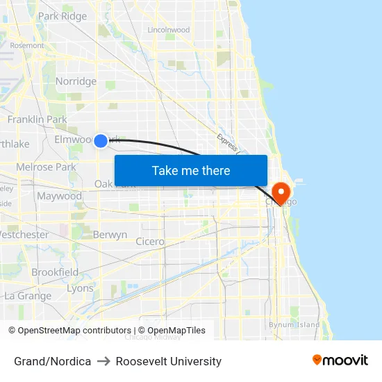 Grand/Nordica to Roosevelt University map