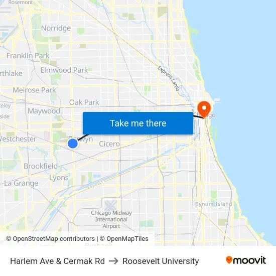 Harlem Ave & Cermak Rd to Roosevelt University map