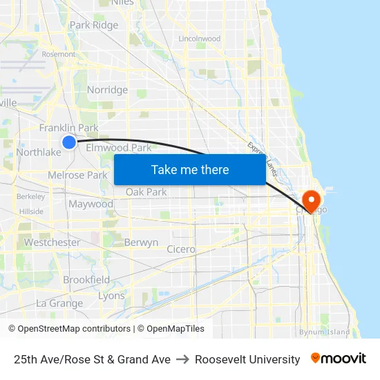 25th Ave/Rose St & Grand Ave to Roosevelt University map