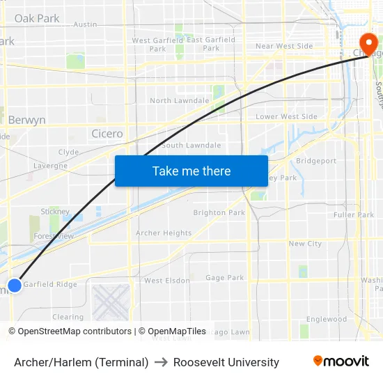 Archer/Harlem (Terminal) to Roosevelt University map
