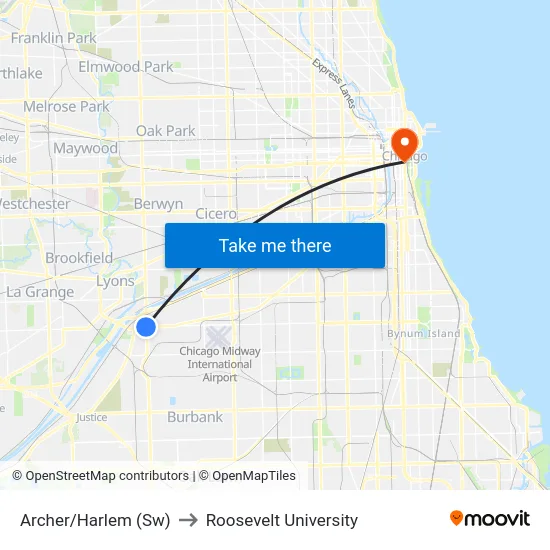 Archer/Harlem (Sw) to Roosevelt University map