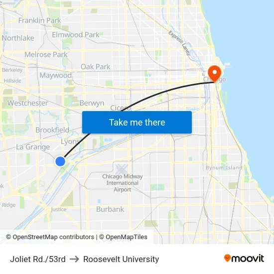 Joliet Rd./53rd to Roosevelt University map