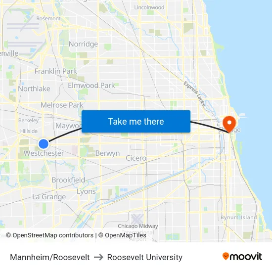 Mannheim/Roosevelt to Roosevelt University map