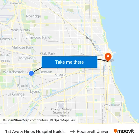 1st Ave & Hines Hospital Building 37 to Roosevelt University map