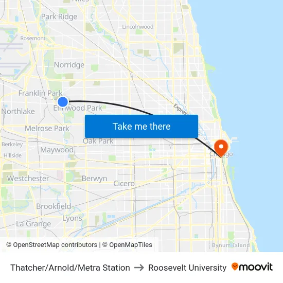 Thatcher/Arnold/Metra Station to Roosevelt University map
