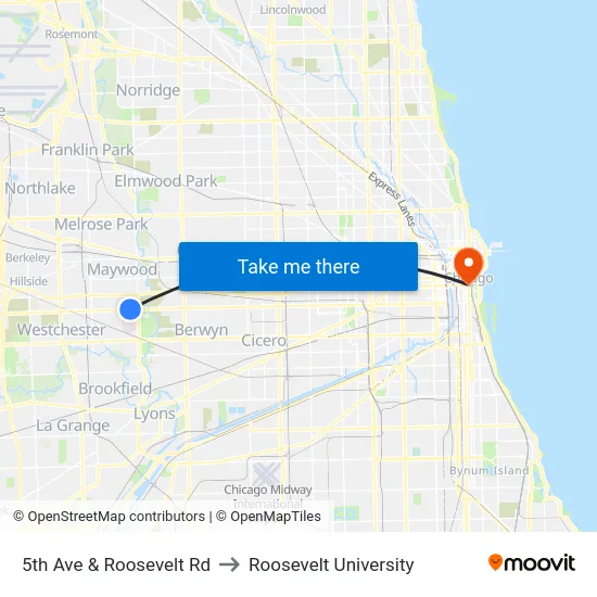 5th Ave & Roosevelt Rd to Roosevelt University map
