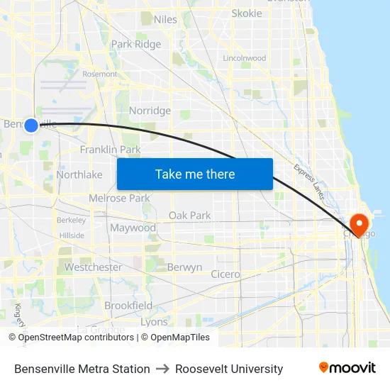 Bensenville Metra Station to Roosevelt University map