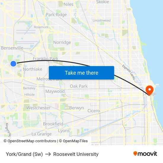 York/Grand (Sw) to Roosevelt University map