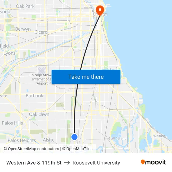 Western Ave & 119th St to Roosevelt University map