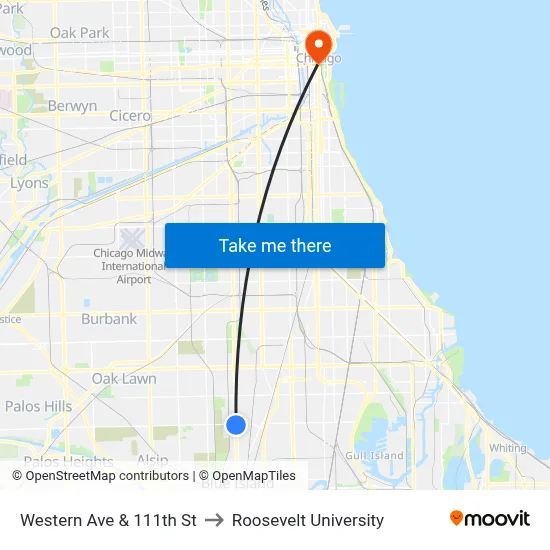 Western Ave & 111th St to Roosevelt University map