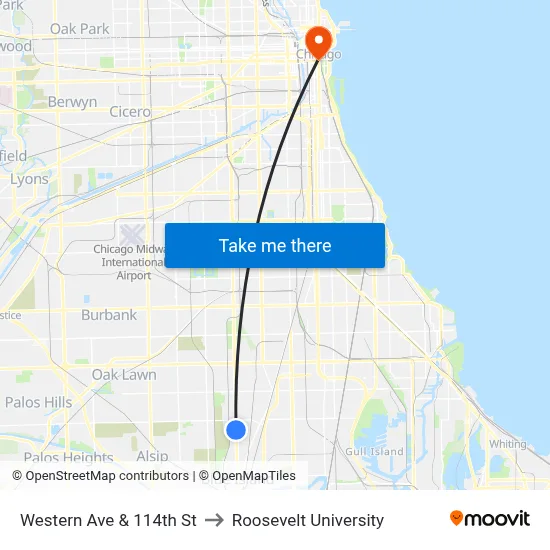 Western Ave & 114th St to Roosevelt University map