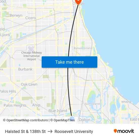 Halsted St & 138th St to Roosevelt University map