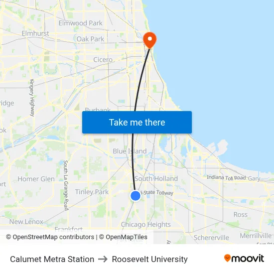 Calumet Metra Station to Roosevelt University map
