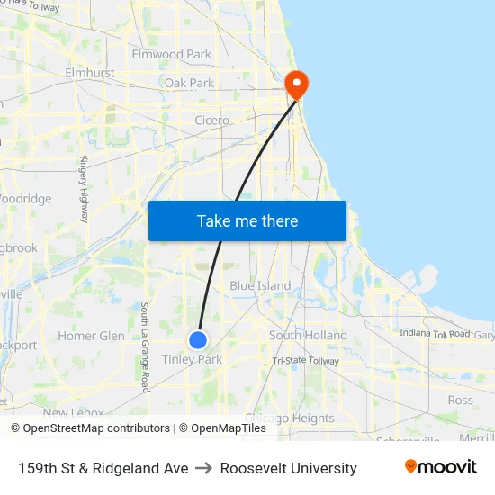 159th St & Ridgeland Ave to Roosevelt University map
