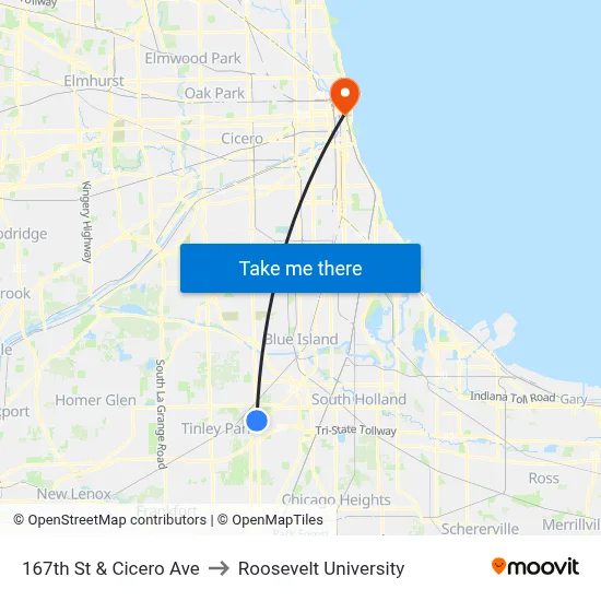 167th St & Cicero Ave to Roosevelt University map