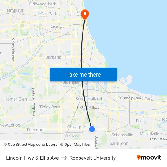 Lincoln Hwy & Ellis Ave to Roosevelt University map