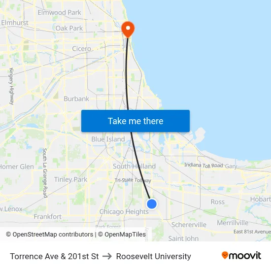 Torrence Ave & 201st St to Roosevelt University map
