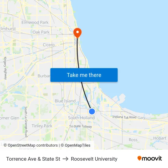 Torrence Ave & State St to Roosevelt University map