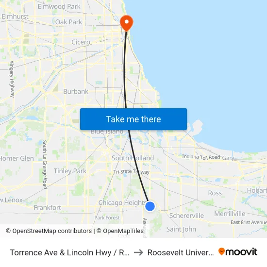 Torrence Ave & Lincoln Hwy / Rte 30 to Roosevelt University map