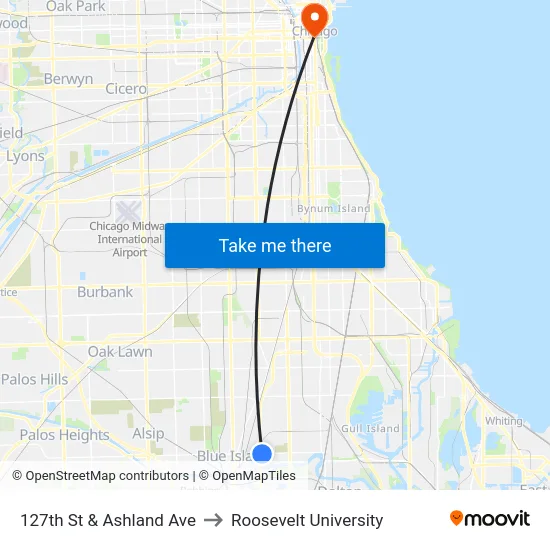 127th St & Ashland Ave to Roosevelt University map