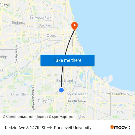 Kedzie Ave & 147th St to Roosevelt University map