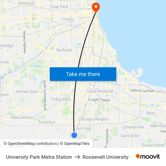 University Park Metra Station to Roosevelt University map