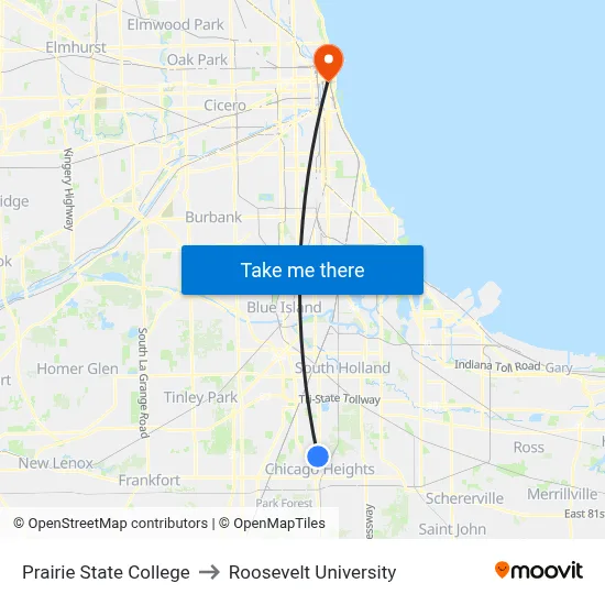 Prairie State College to Roosevelt University map